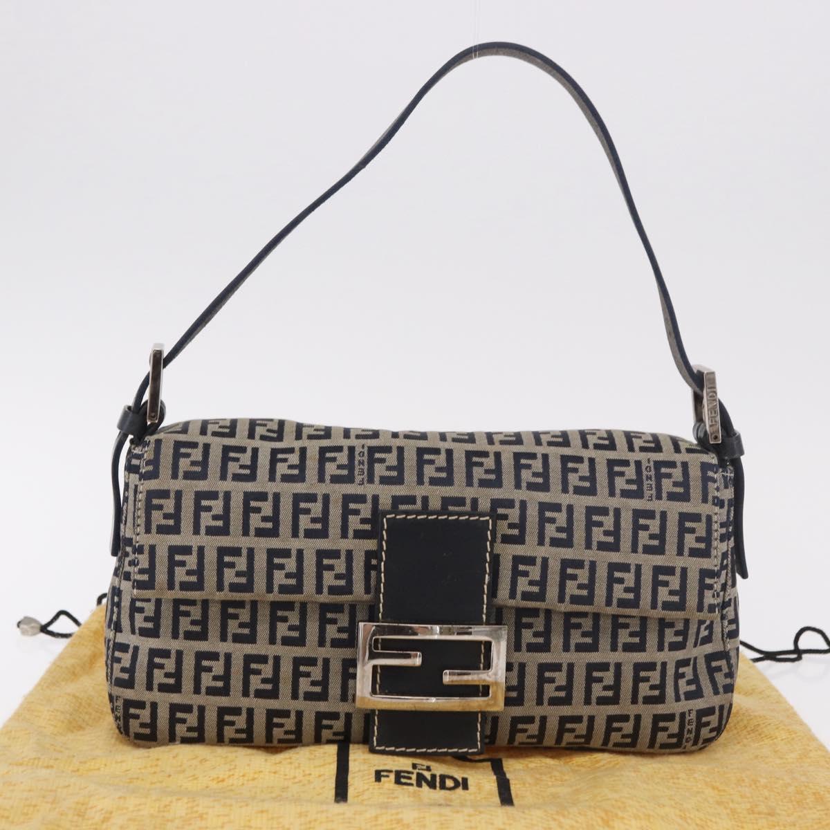 FENDI Zucchino Canvas Mamma Baguette Shoulder Bag Navy Silver Auth 185146SAV