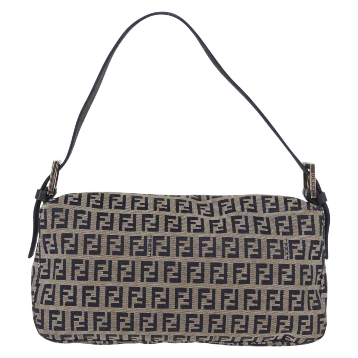 FENDI Zucchino Canvas Mamma Baguette Shoulder Bag Navy Silver Auth 185146SAV