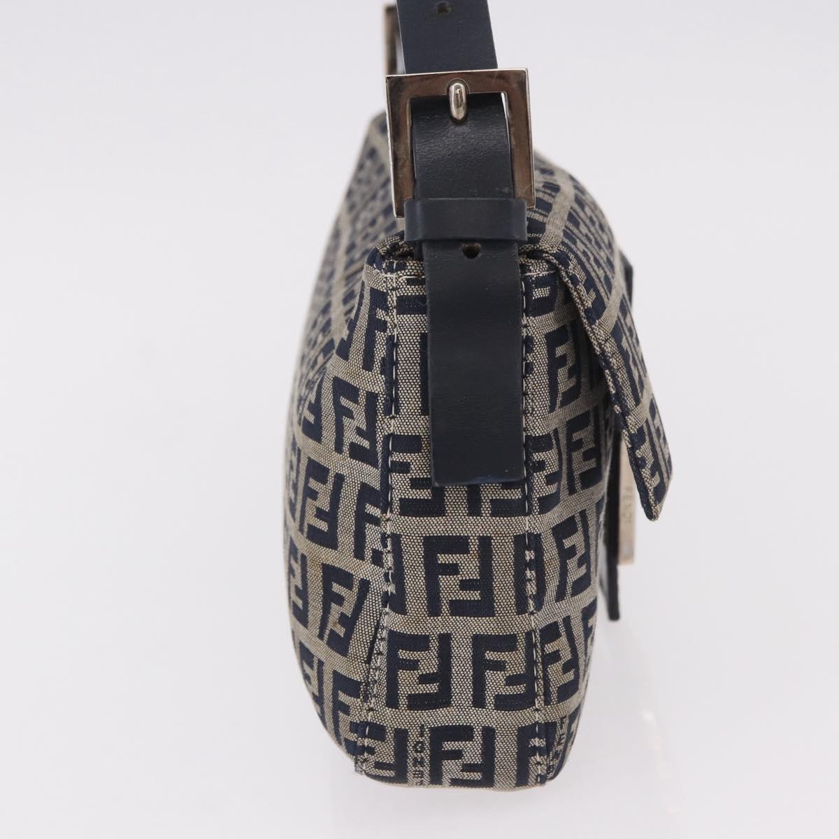 FENDI Zucchino Canvas Mamma Baguette Shoulder Bag Navy Silver Auth 185146SAV