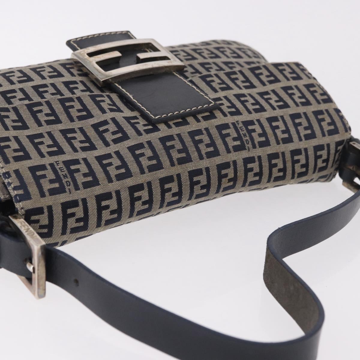 FENDI Zucchino Canvas Mamma Baguette Shoulder Bag Navy Silver Auth 185146SAV