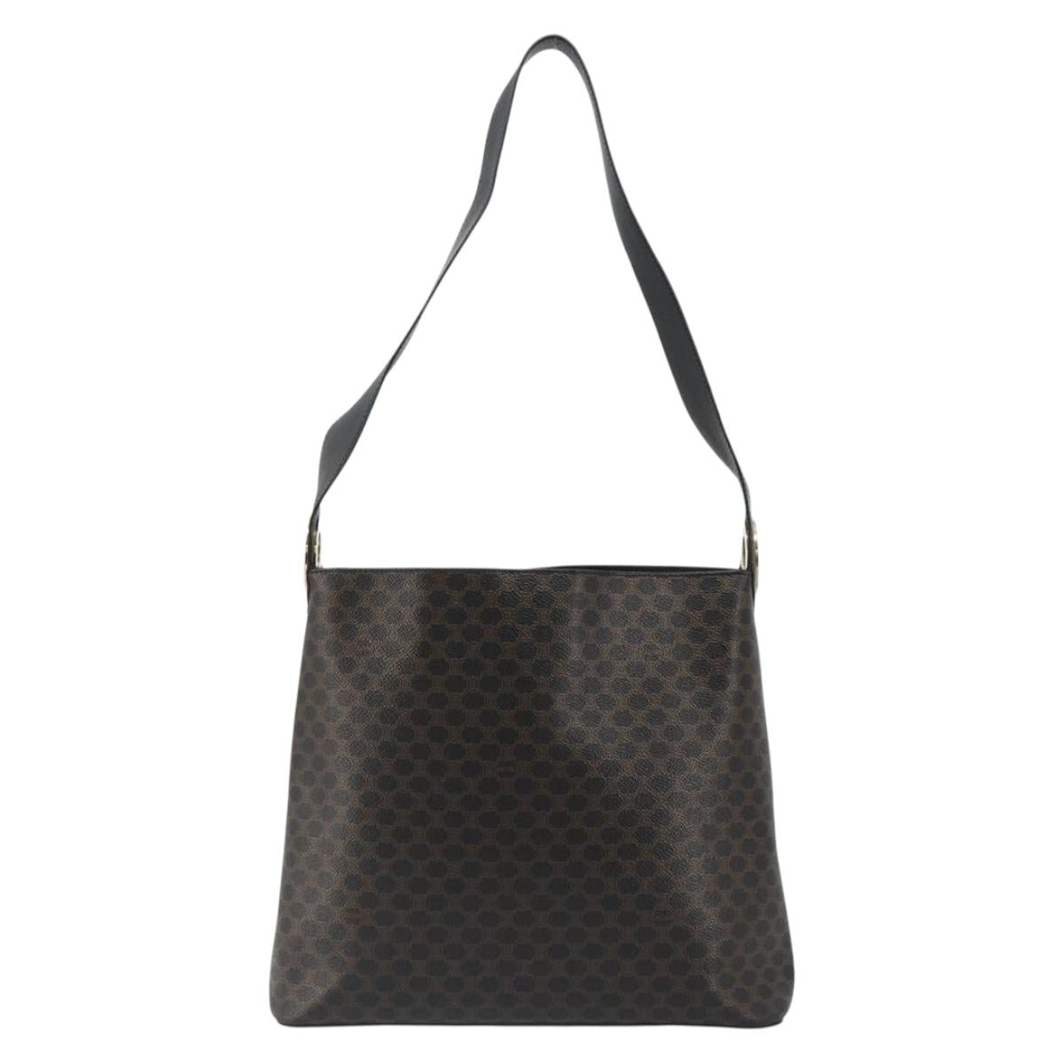 CELINE Macadam Canvas Shoulder Bag PVC Leather Black Gold Auth 185149A