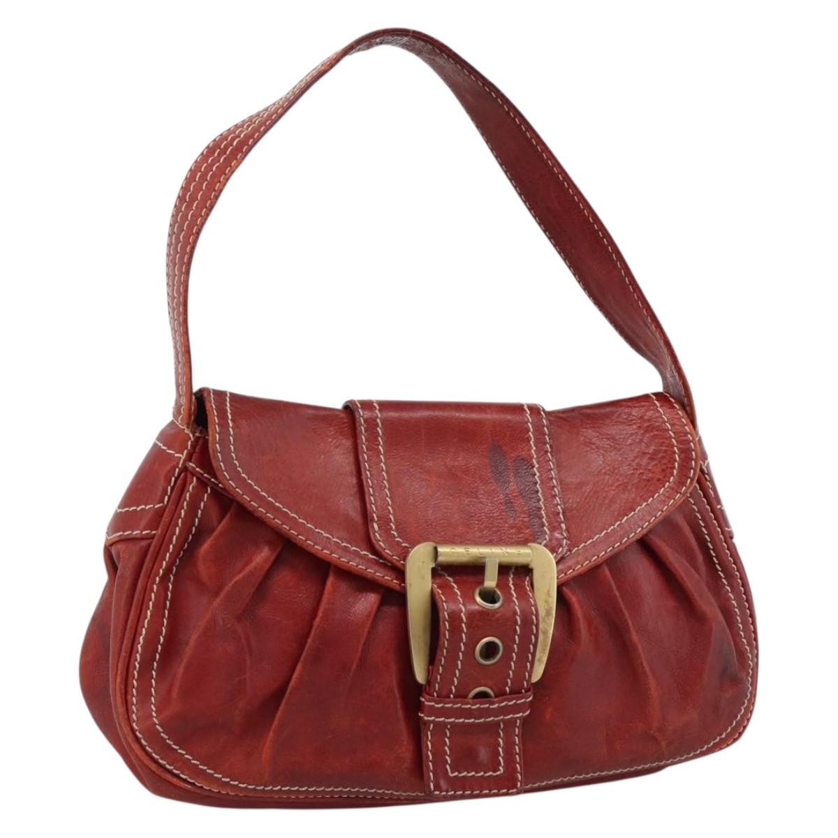 CELINE Shoulder Bag Leather Red Gold Auth 185150