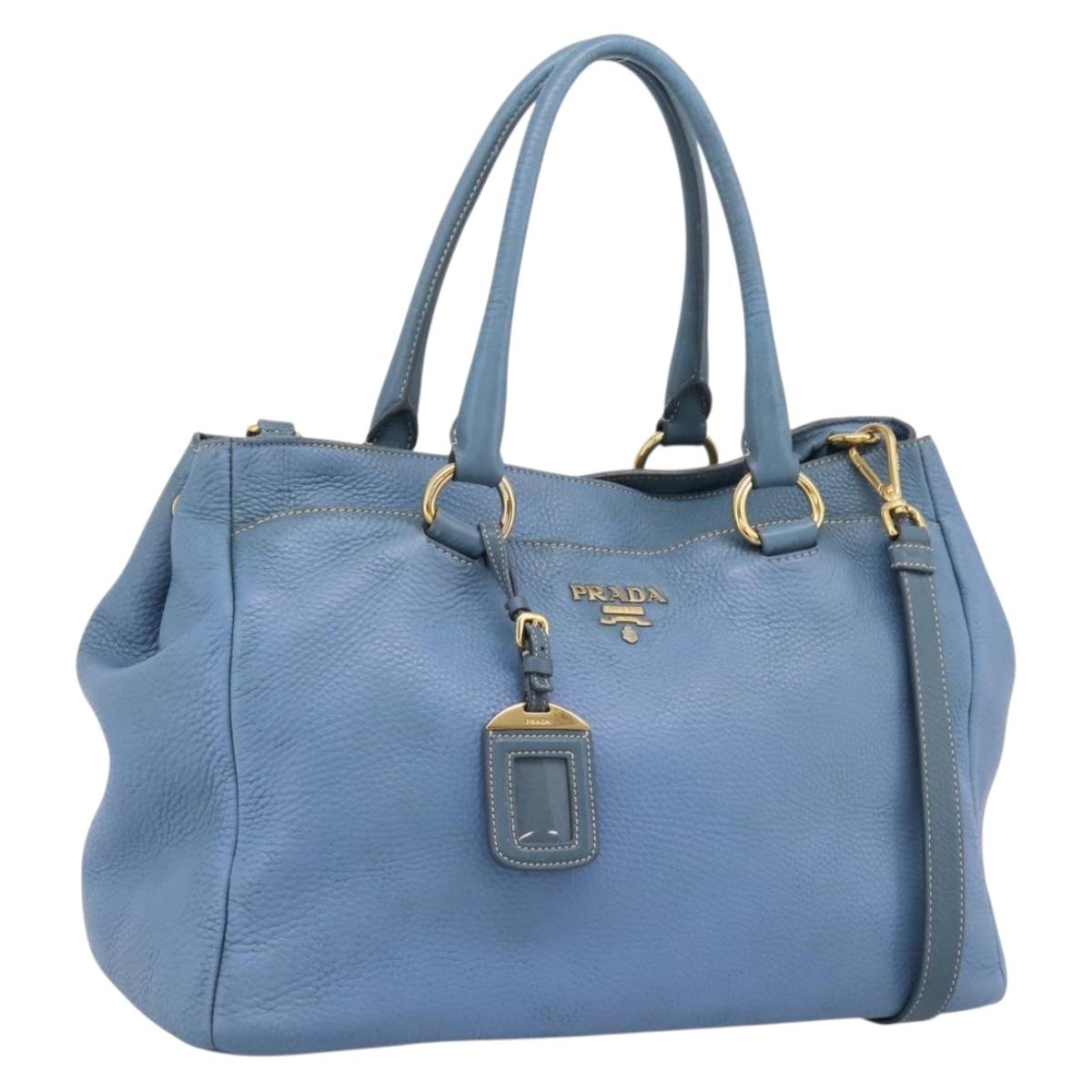 PRADA Tote Bag Leather 2way Blue Gold Auth 185152A