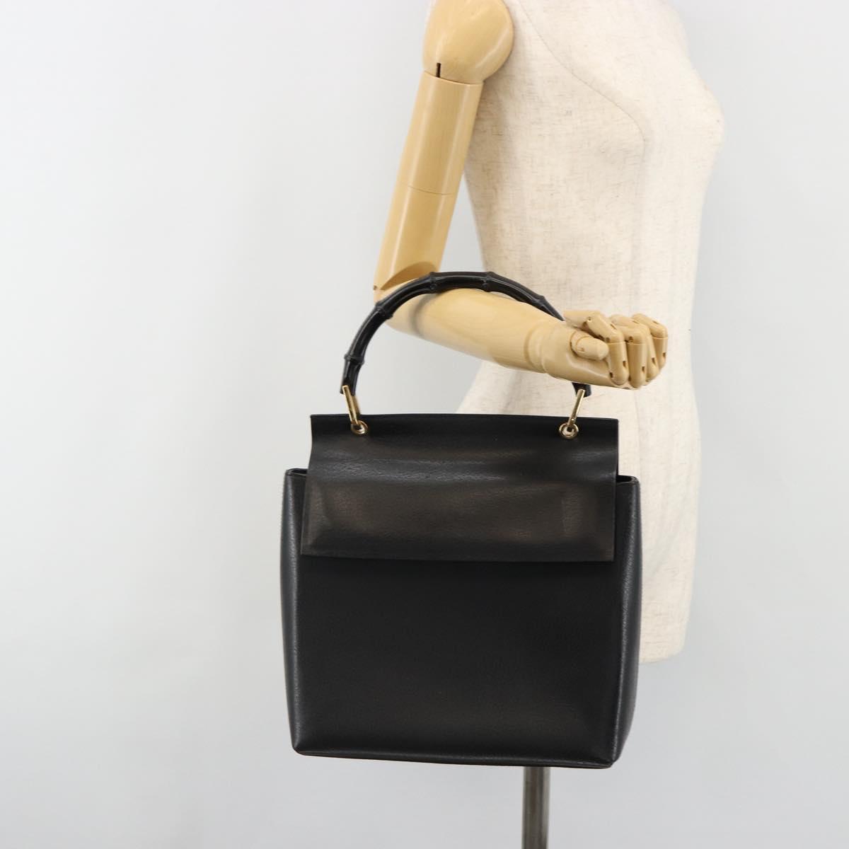 GUCCI Bamboo Hand Bag Leather Black Gold 001 1118 1886 Auth 185153