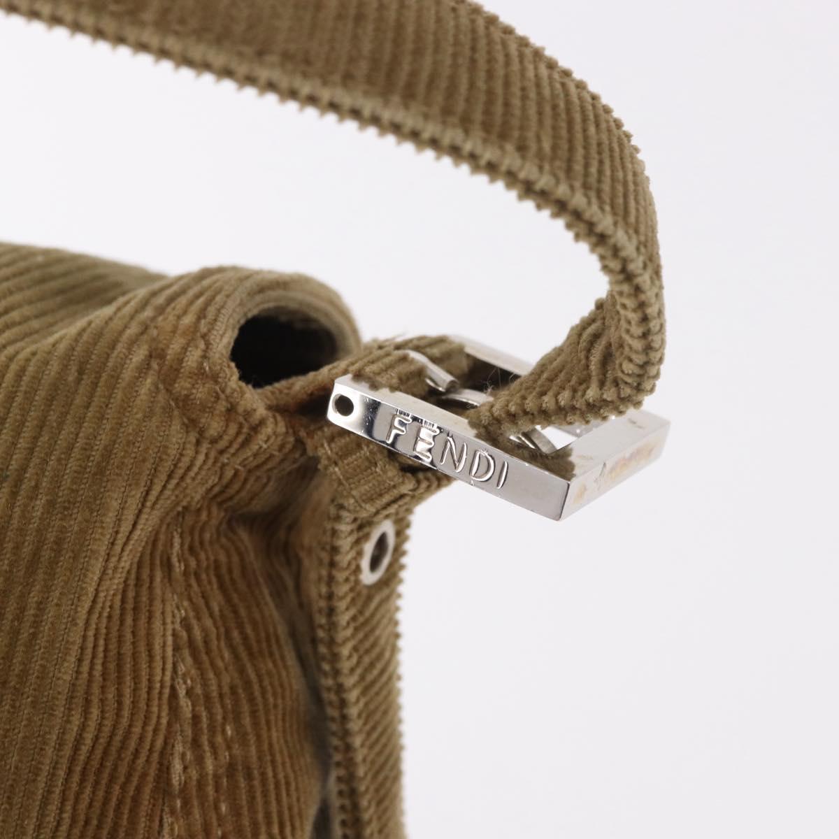 FENDI Mamma Baguette Shoulder Bag Corduroy Khaki Silver Auth 185158V
