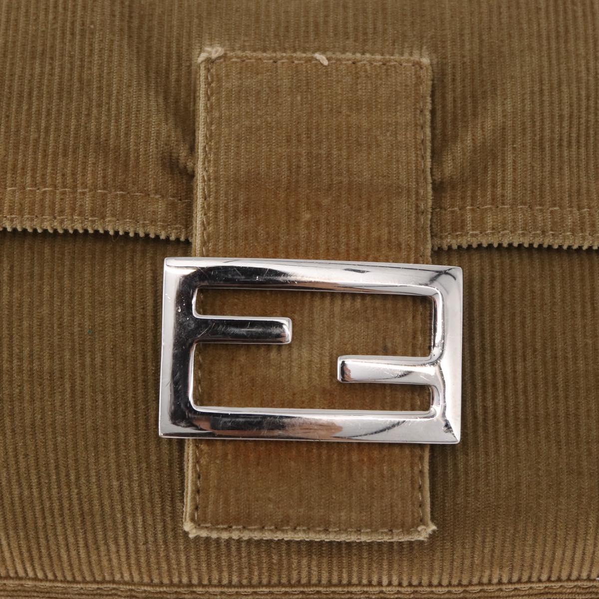 FENDI Mamma Baguette Shoulder Bag Corduroy Khaki Silver Auth 185158V