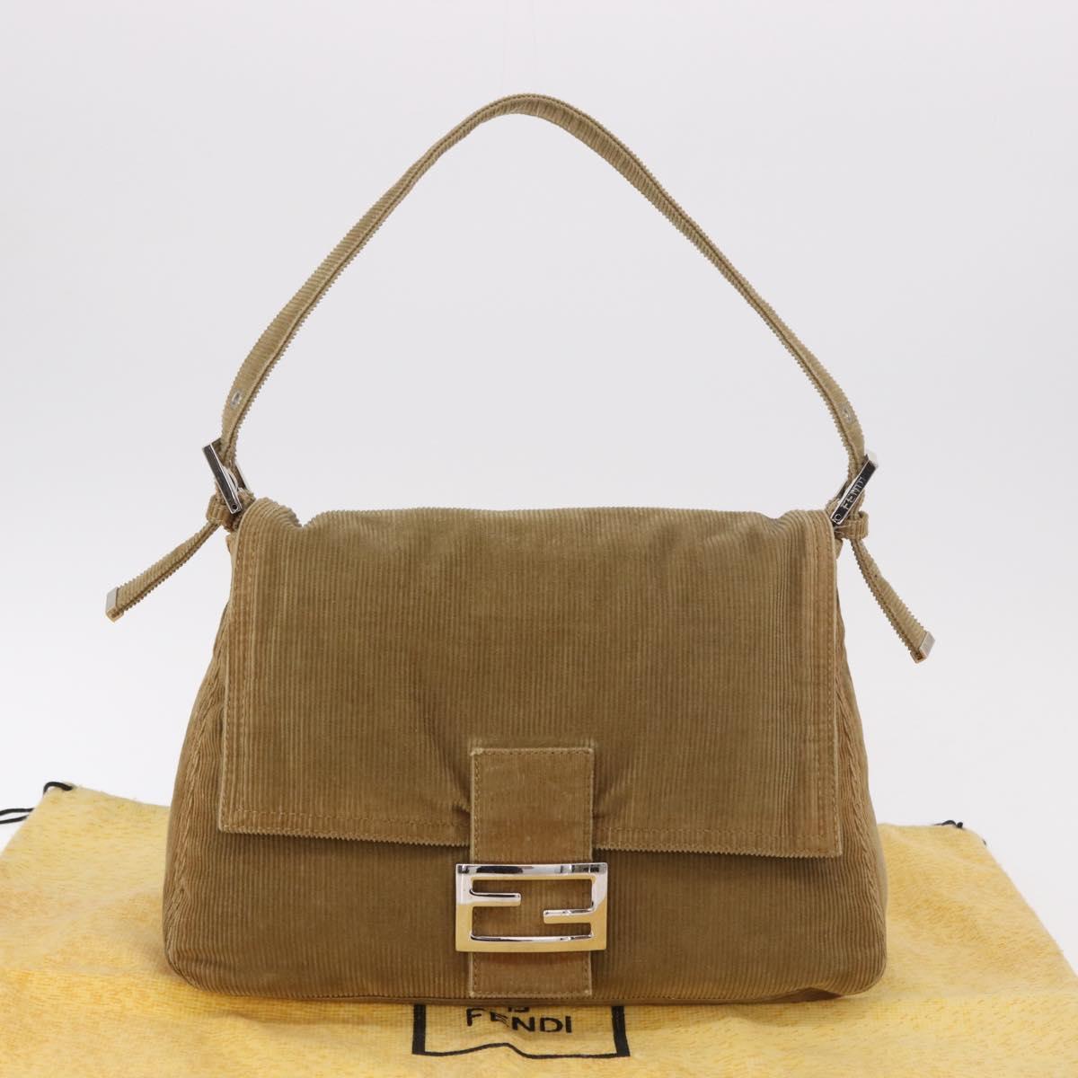 FENDI Mamma Baguette Shoulder Bag Corduroy Khaki Silver Auth 185158V