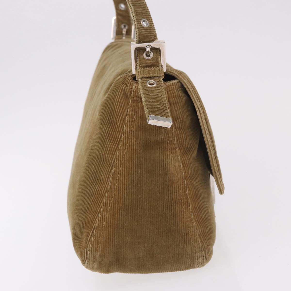 FENDI Mamma Baguette Shoulder Bag Corduroy Khaki Silver Auth 185158V