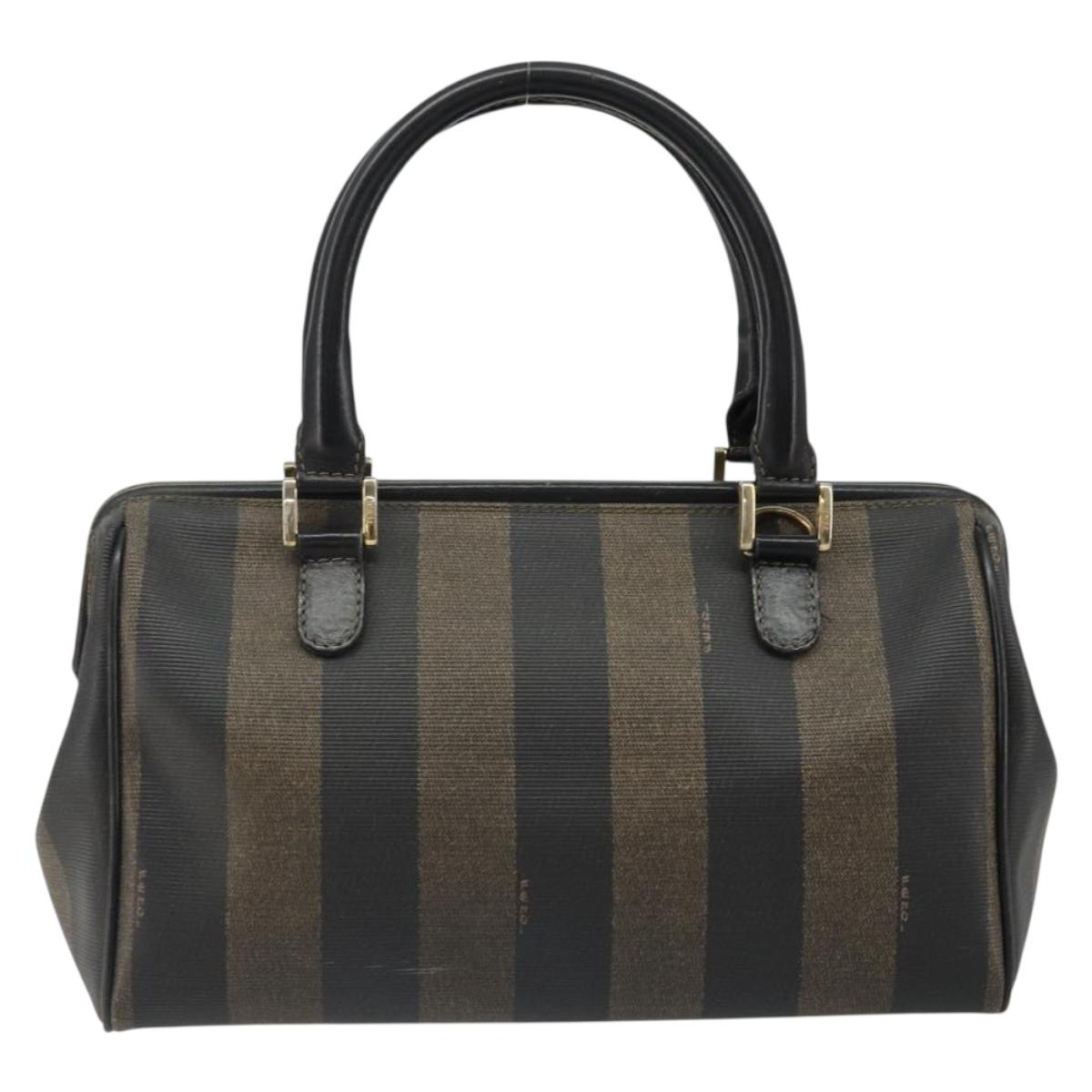 FENDI Pecan Canvas Hand Bag PVC Brown Black Auth 185166