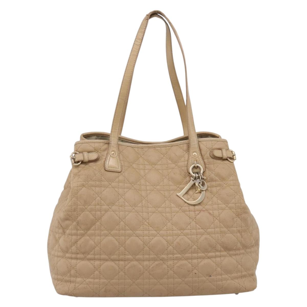 Christian Dior Lady Dior Tote Bag Coated Canvas Beige Gold Auth 185168