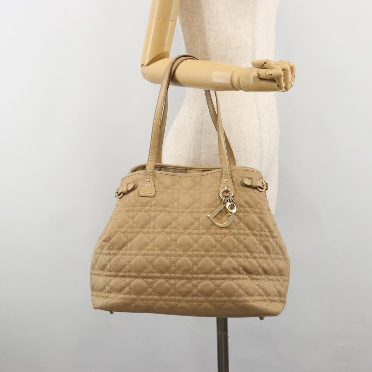 Christian Dior Lady Dior Tote Bag Coated Canvas Beige Gold Auth 185168