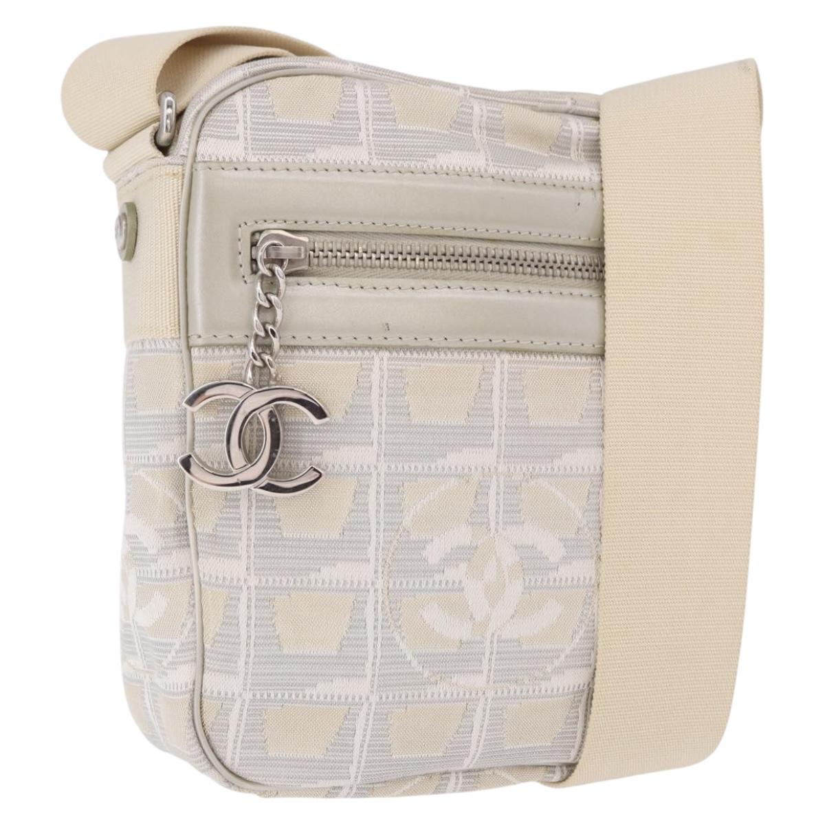 CHANEL New Travel line Shoulder Bag Canvas White Silver CC Auth 185172V