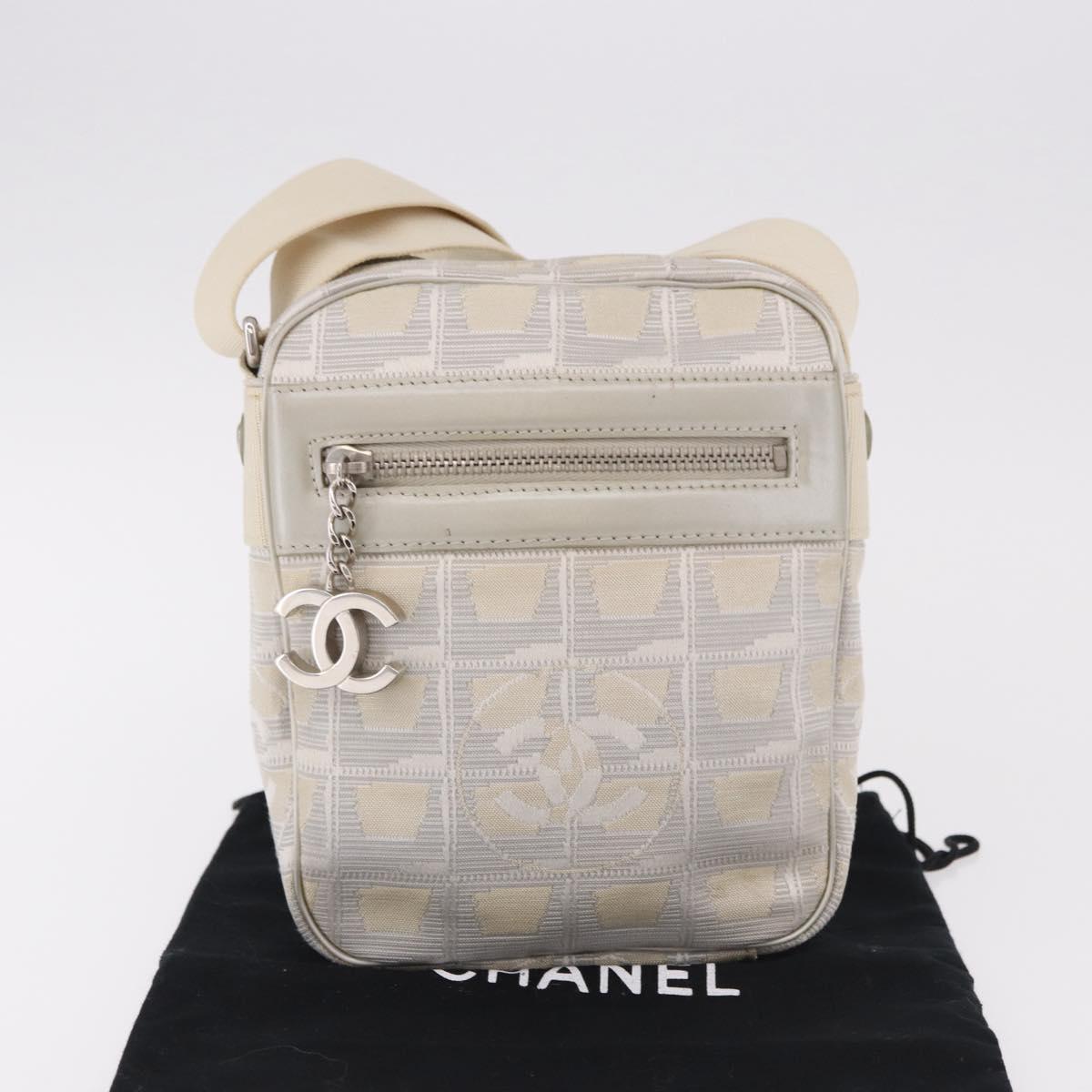 CHANEL New Travel line Shoulder Bag Canvas White Silver CC Auth 185172V