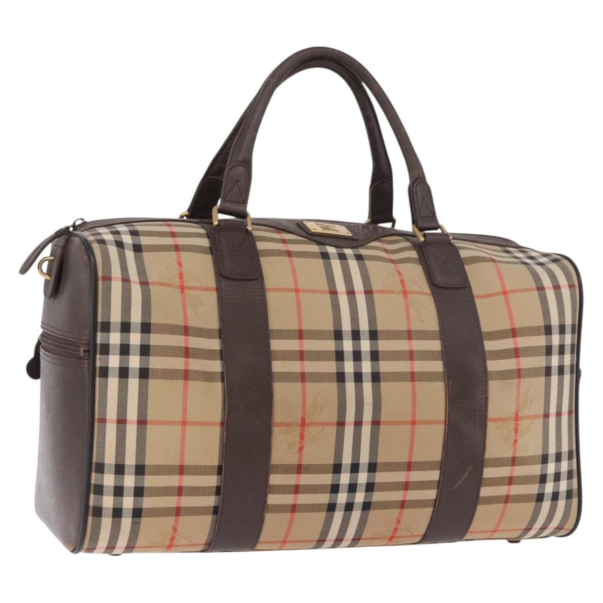 Burberrys Nova Check Boston Bag Canvas Beige Gold Auth 185176