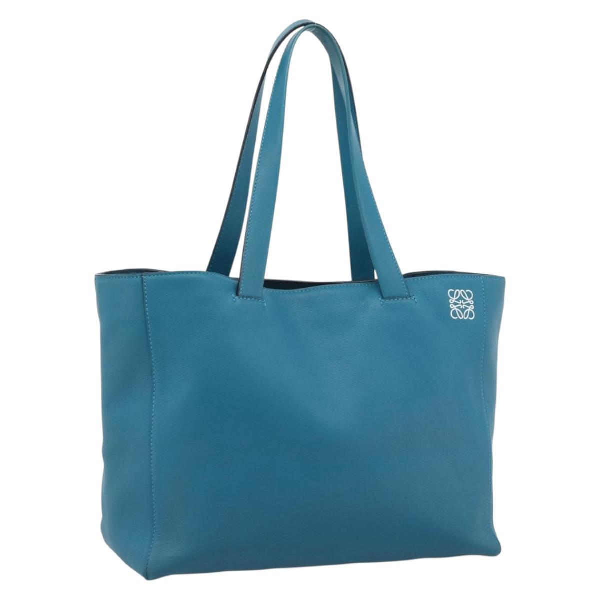 LOEWE Anagram East West Tote Bag Leather Turquoise Blue Silver Auth 185182V