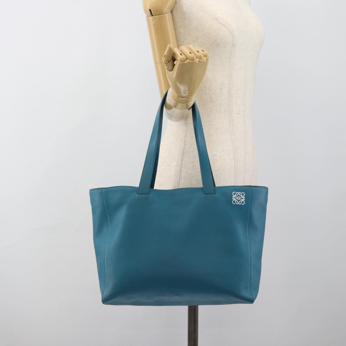 LOEWE Anagram East West Tote Bag Leather Turquoise Blue Silver Auth 185182V