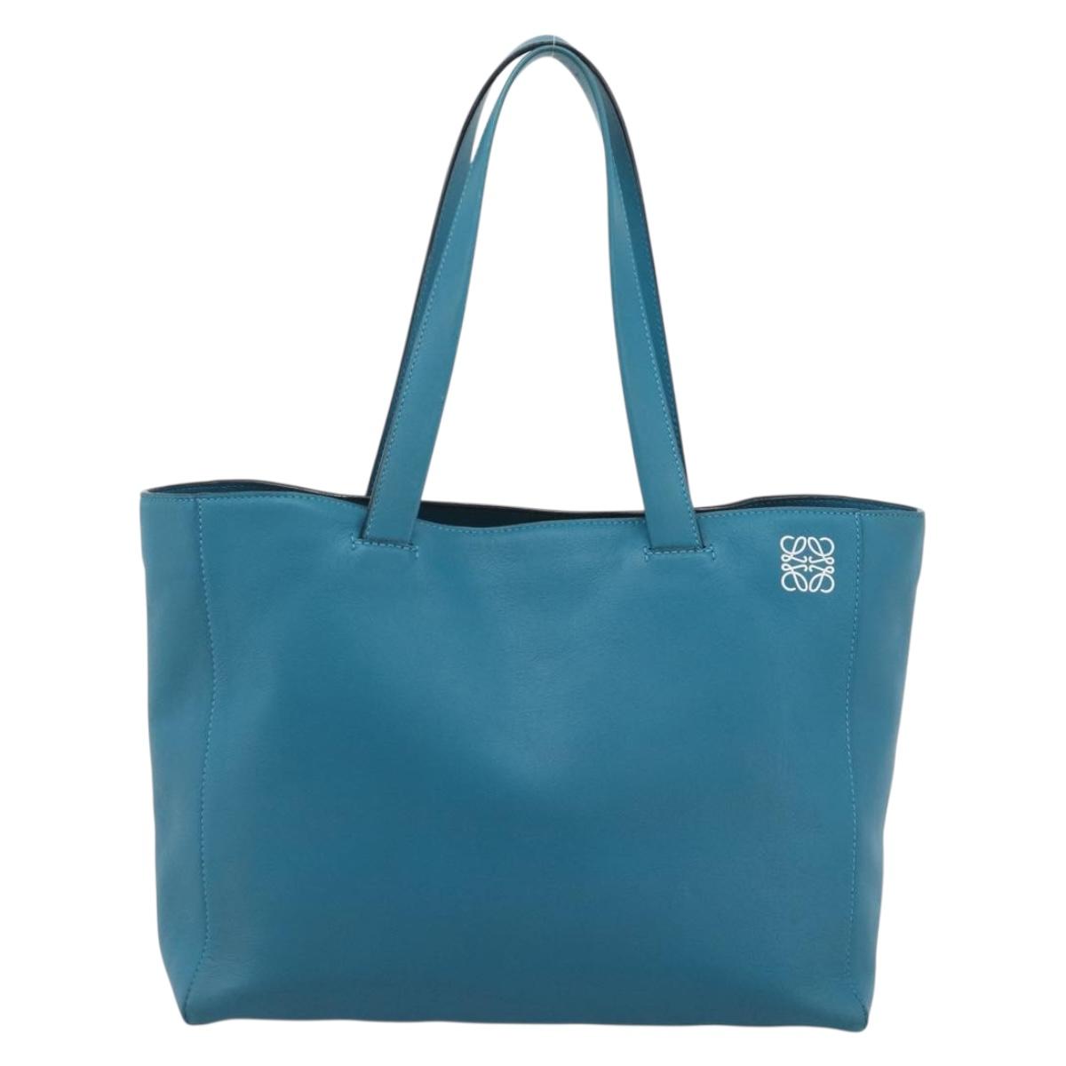 LOEWE Anagram East West Tote Bag Leather Turquoise Blue Silver Auth 185182V