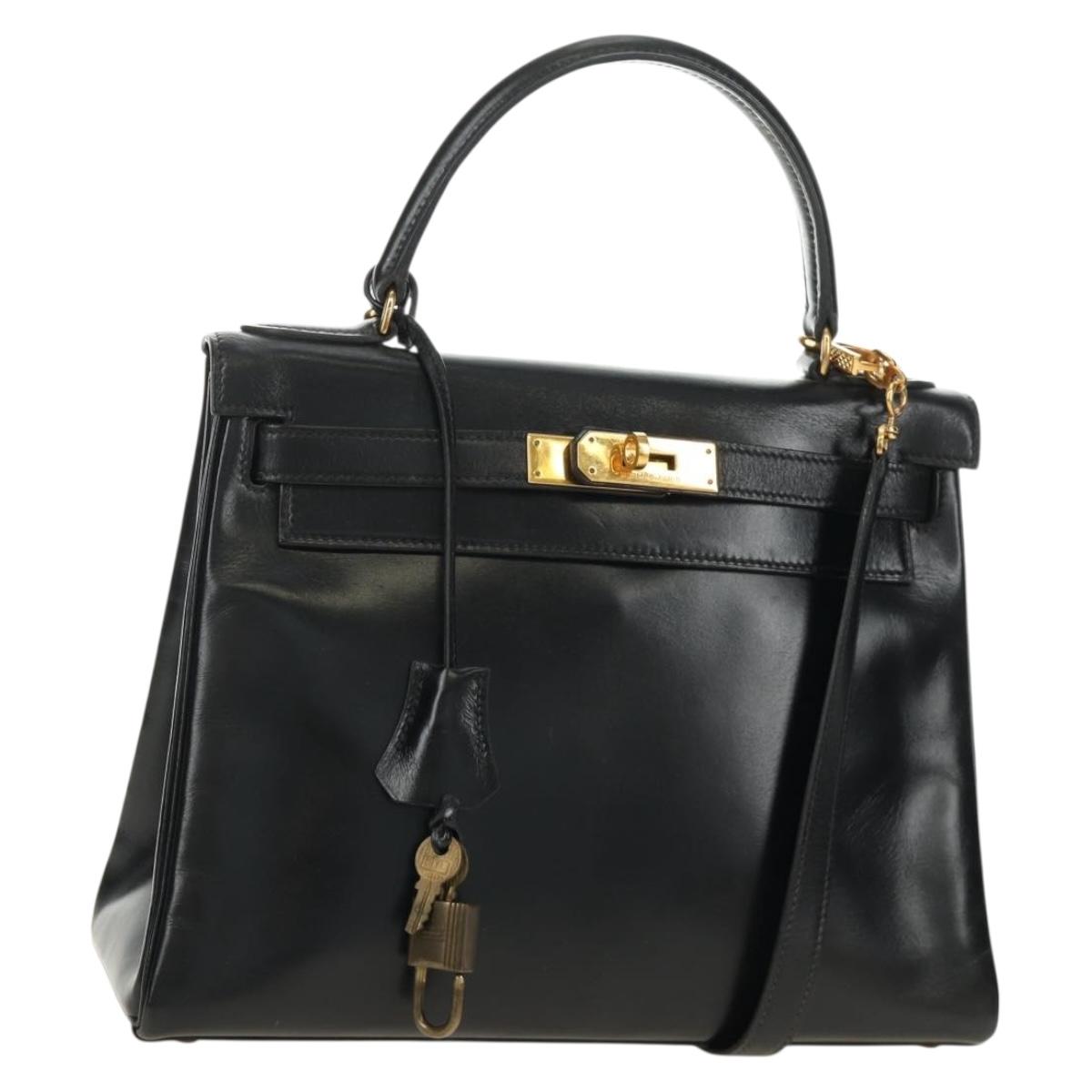 HERMES Kelly 28 Hand Bag Box Calfskin 2way Black Gold Auth 185189SM
