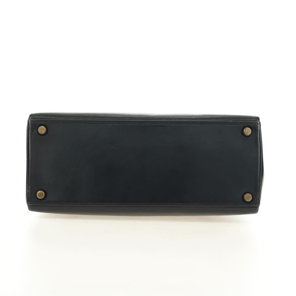 HERMES Kelly 28 Hand Bag Box Calfskin 2way Black Gold Auth 185189SM