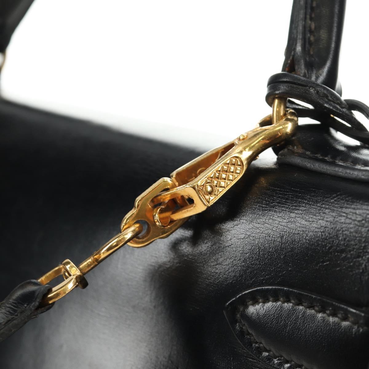 HERMES Kelly 28 Hand Bag Box Calfskin 2way Black Gold Auth 185189SM