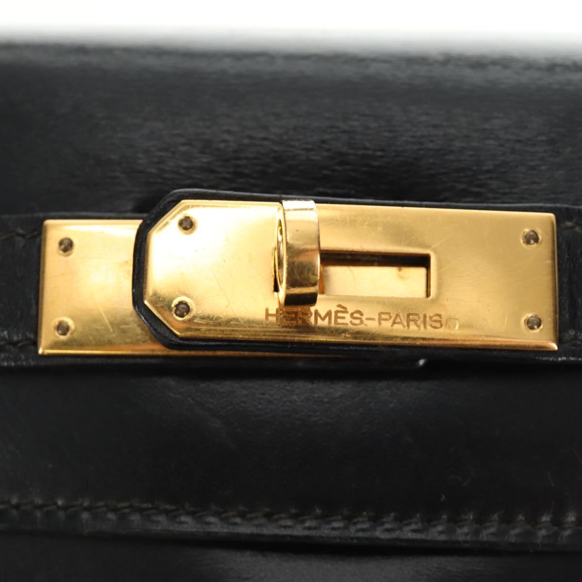 HERMES Kelly 28 Hand Bag Box Calfskin 2way Black Gold Auth 185189SM