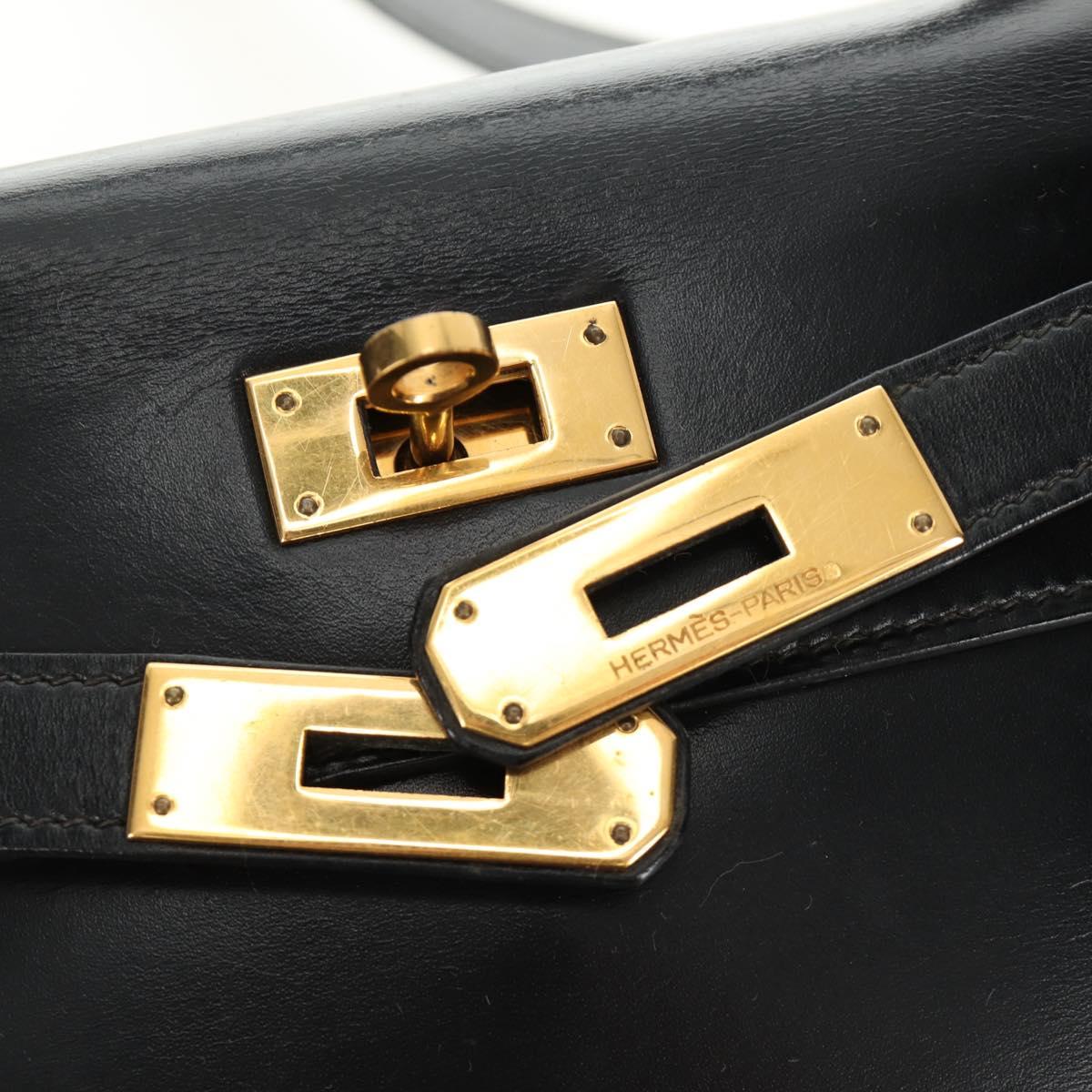 HERMES Kelly 28 Hand Bag Box Calfskin 2way Black Gold Auth 185189SM