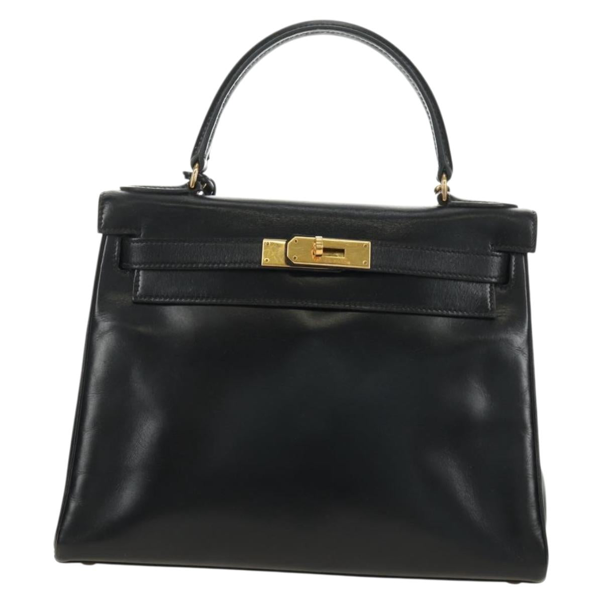 HERMES Kelly 28 Hand Bag Box Calfskin 2way Black Gold Auth 185189SM