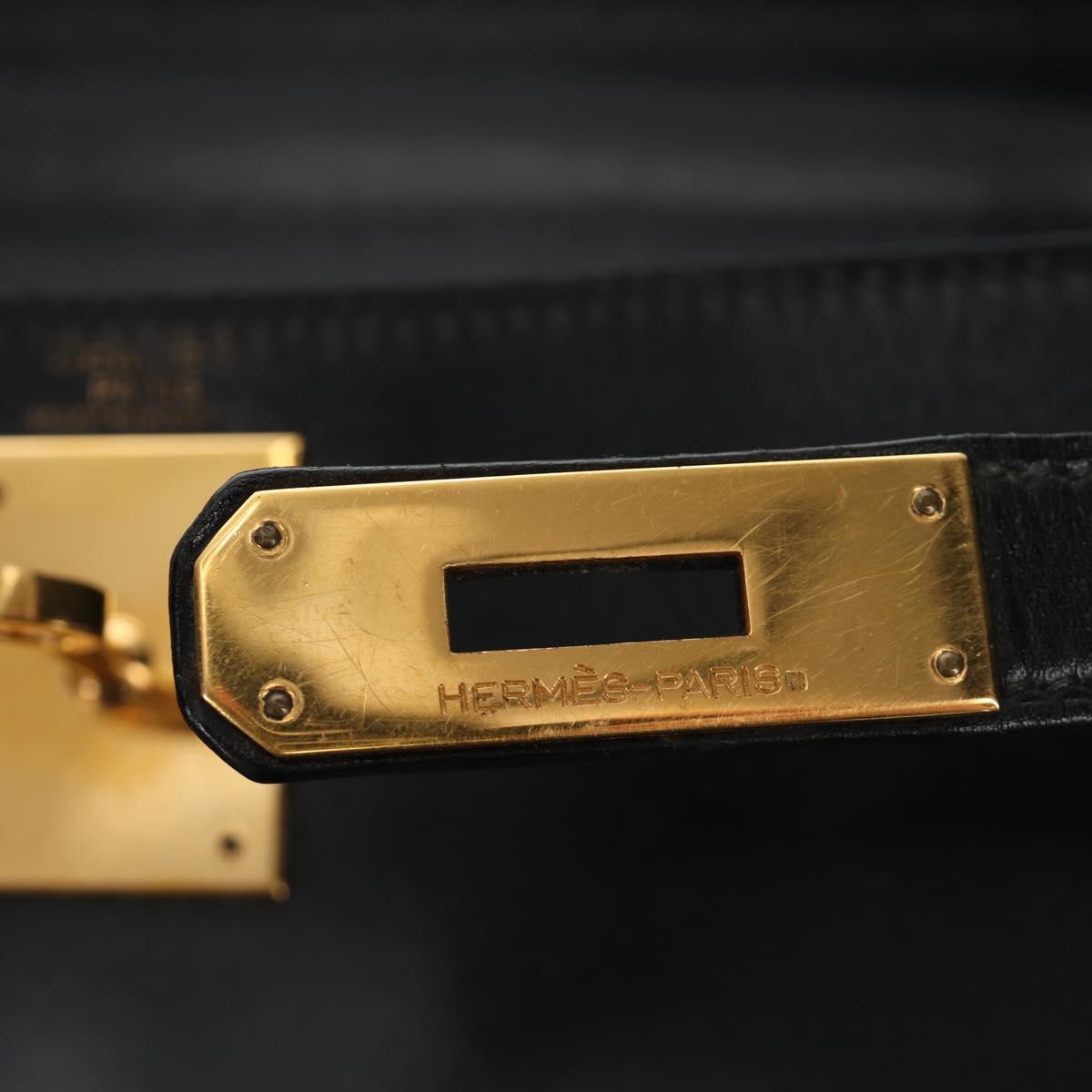 HERMES Kelly 28 Hand Bag Box Calfskin 2way Black Gold Auth 185189SM