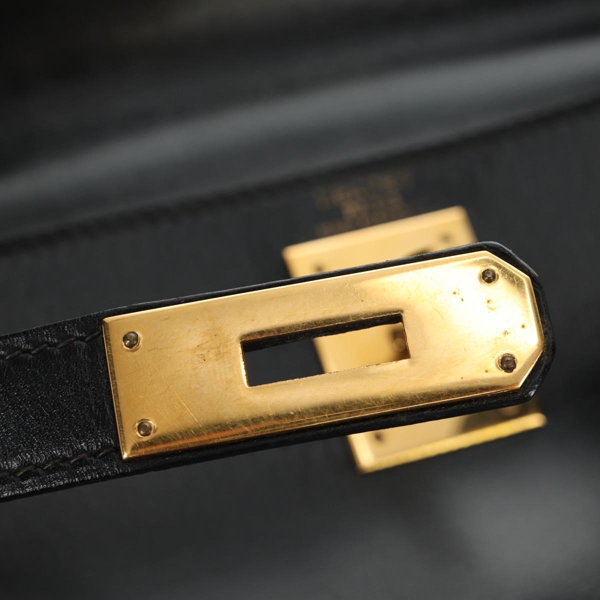 HERMES Kelly 28 Hand Bag Box Calfskin 2way Black Gold Auth 185189SM