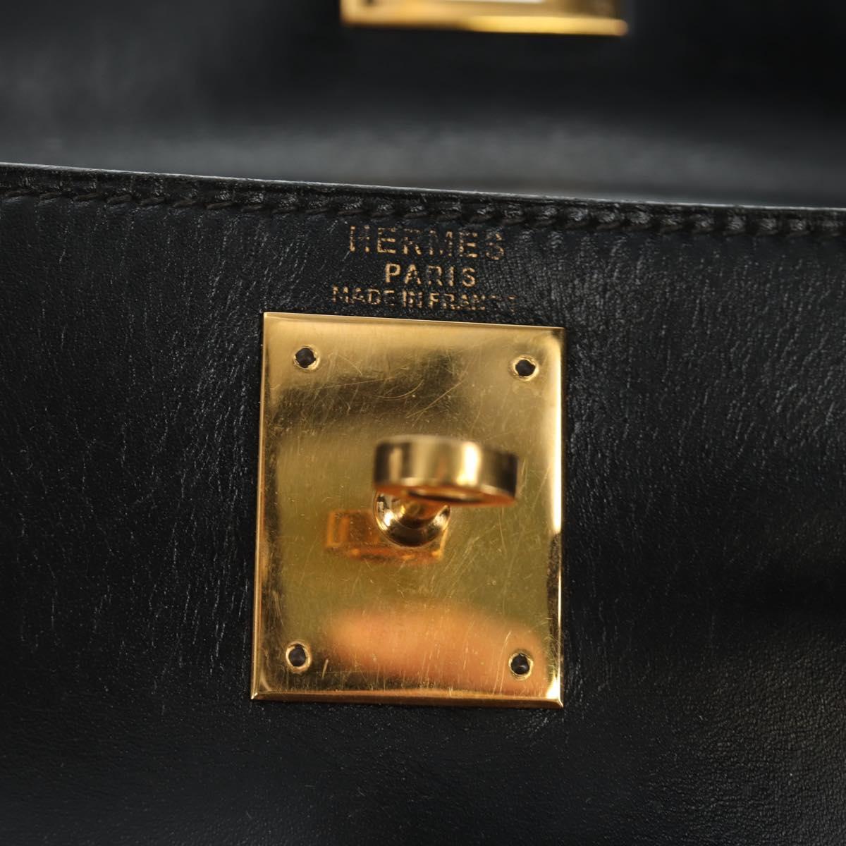 HERMES Kelly 28 Hand Bag Box Calfskin 2way Black Gold Auth 185189SM