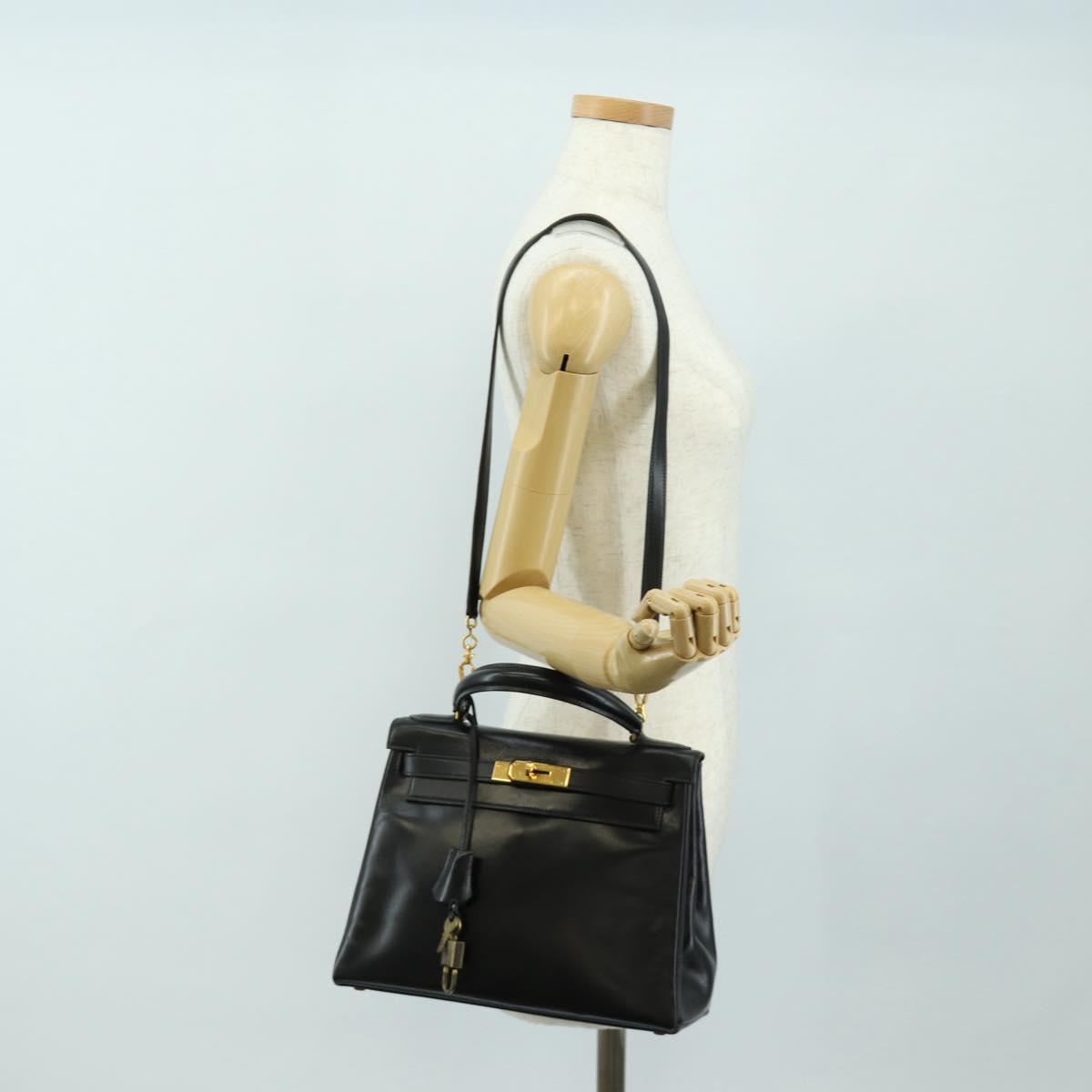HERMES Kelly 28 Hand Bag Box Calfskin 2way Black Gold Auth 185189SM
