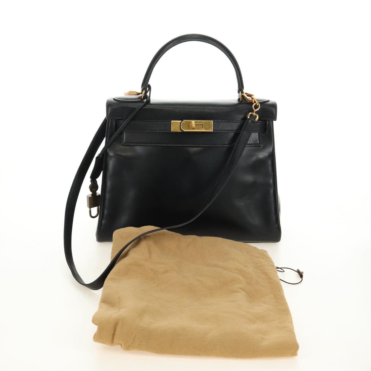 HERMES Kelly 28 Hand Bag Box Calfskin 2way Black Gold Auth 185189SM