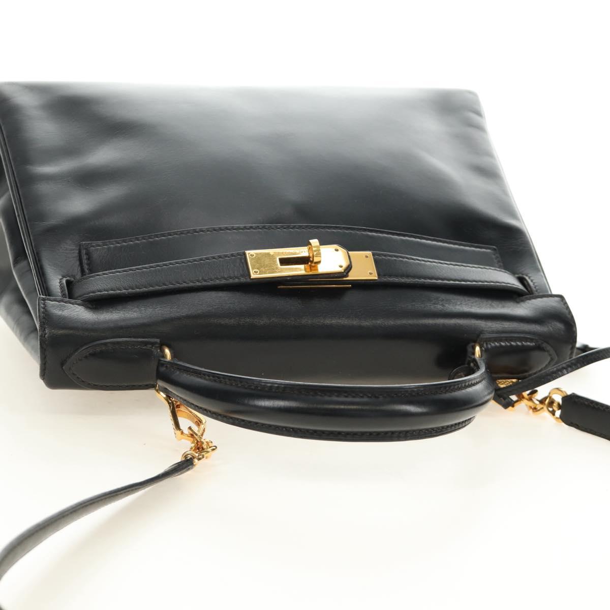 HERMES Kelly 28 Hand Bag Box Calfskin 2way Black Gold Auth 185189SM