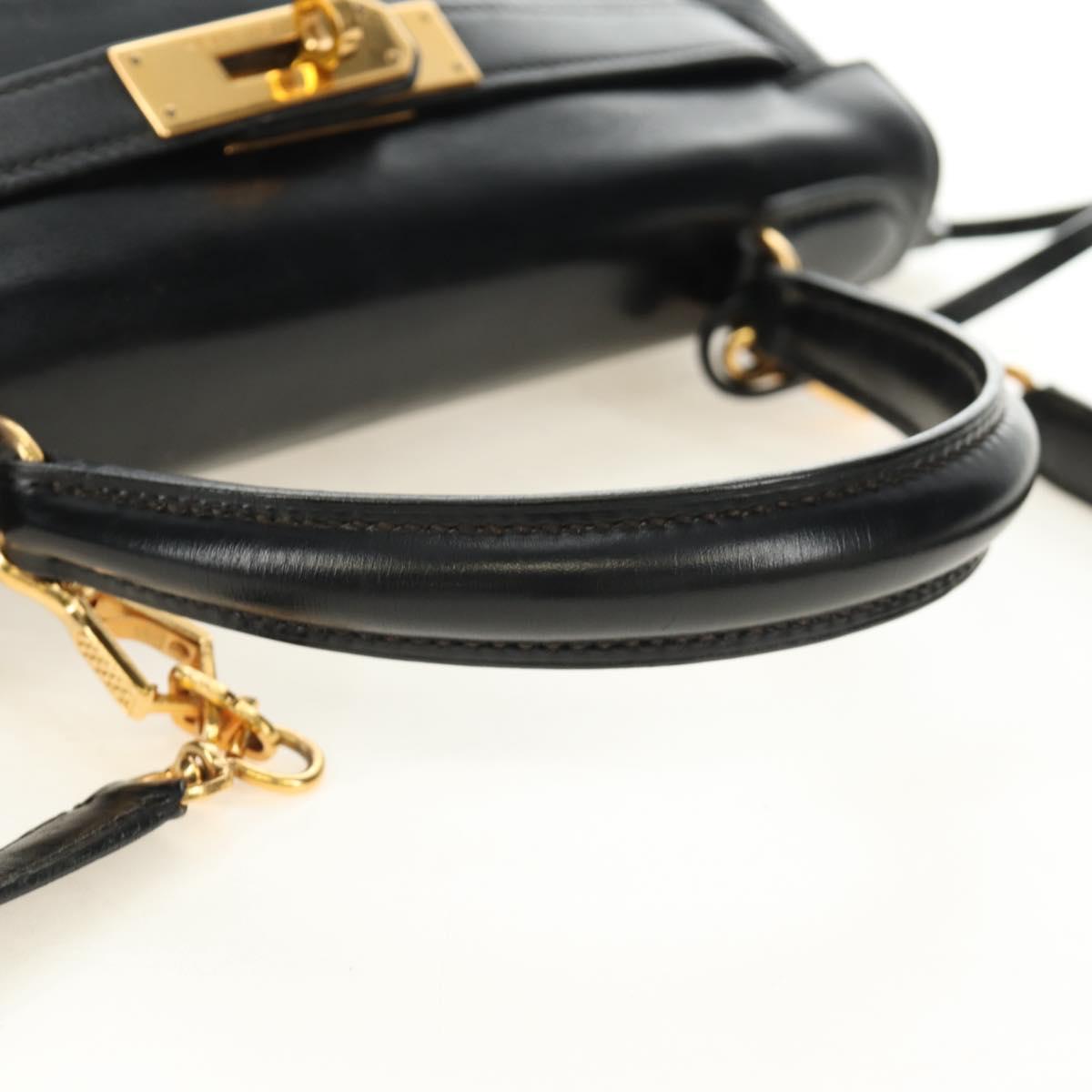HERMES Kelly 28 Hand Bag Box Calfskin 2way Black Gold Auth 185189SM