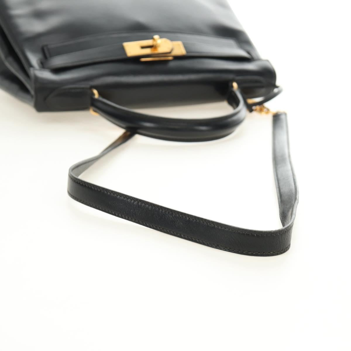 HERMES Kelly 28 Hand Bag Box Calfskin 2way Black Gold Auth 185189SM