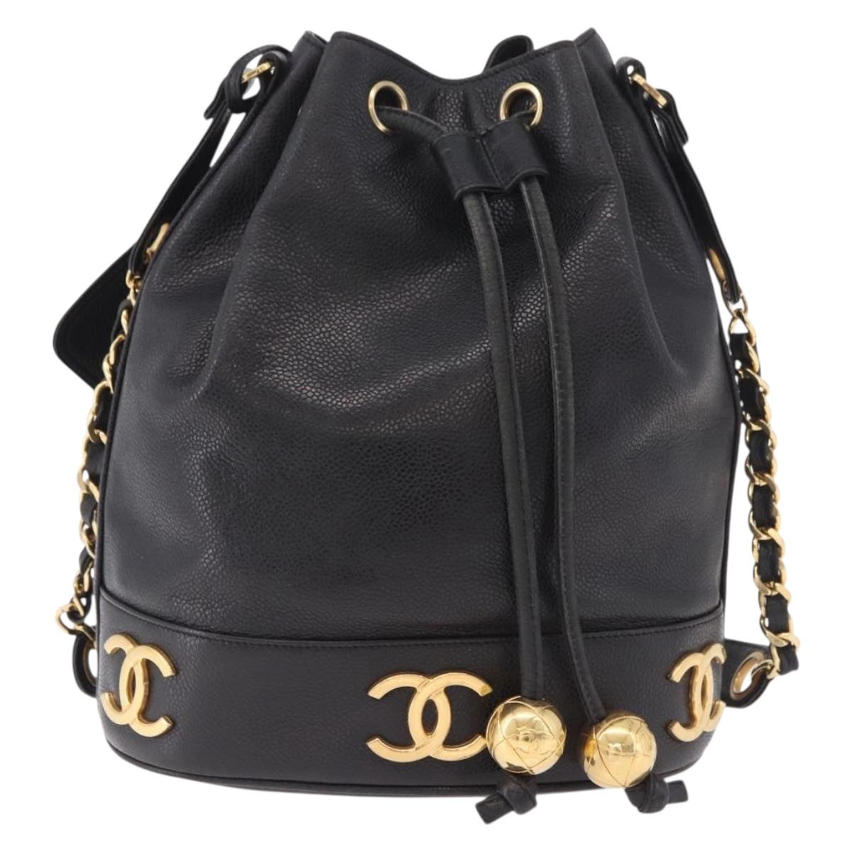CHANEL Triple Coco Shoulder Bag Caviar Skin Black Gold CC Auth 185192SAV