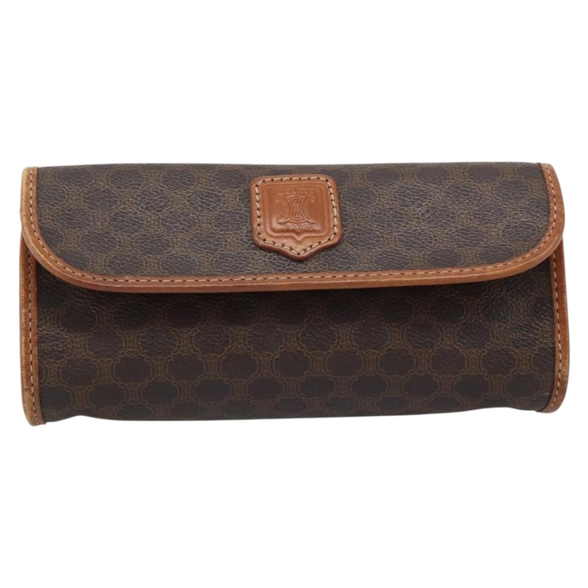 CELINE Macadam Canvas Pouch PVC Leather Brown Gold Auth 185196
