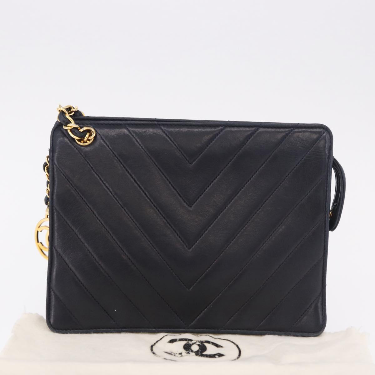 CHANEL V Stitch Chain Shoulder Bag Lamb Skin Navy Gold CC Auth 185203V