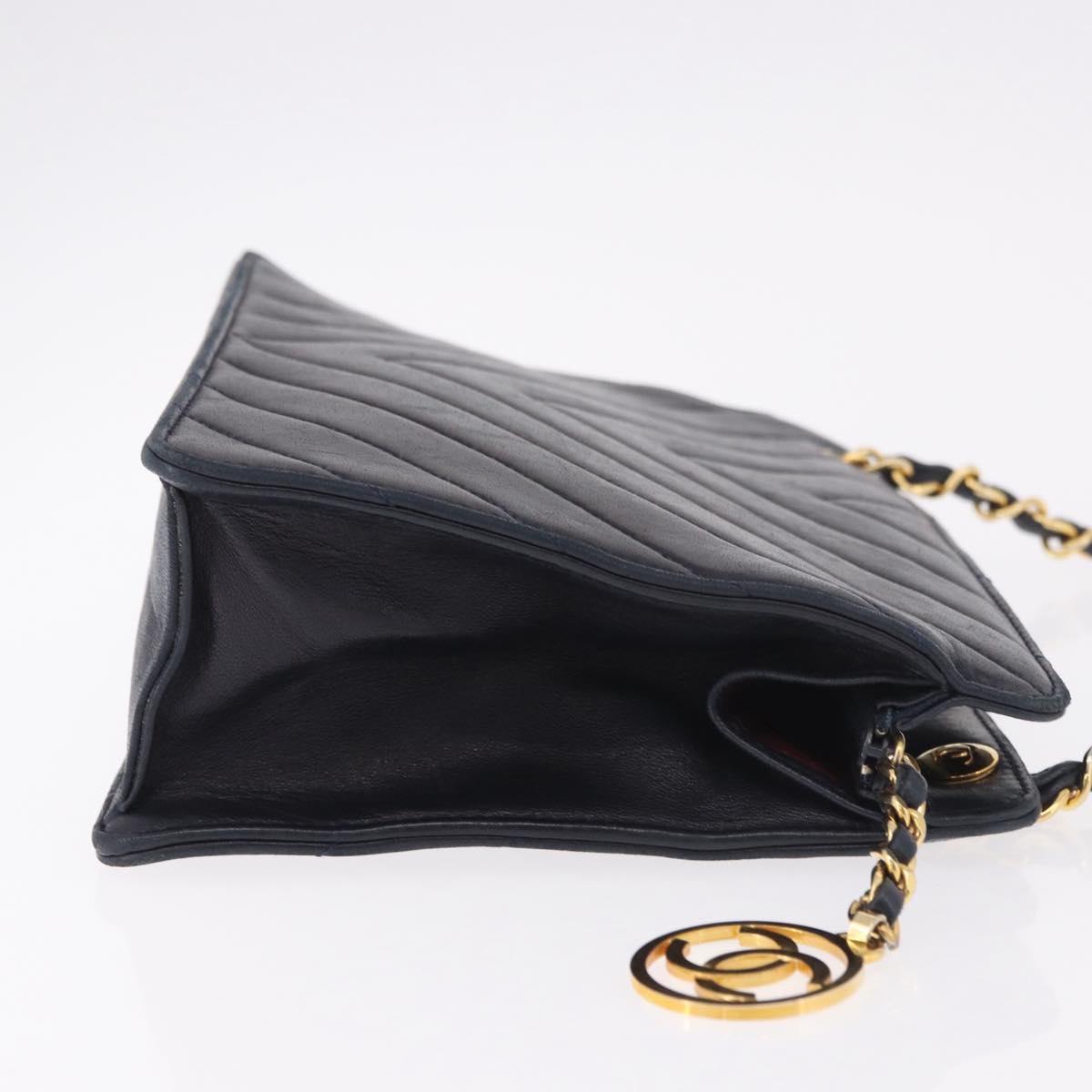 CHANEL V Stitch Chain Shoulder Bag Lamb Skin Navy Gold CC Auth 185203V