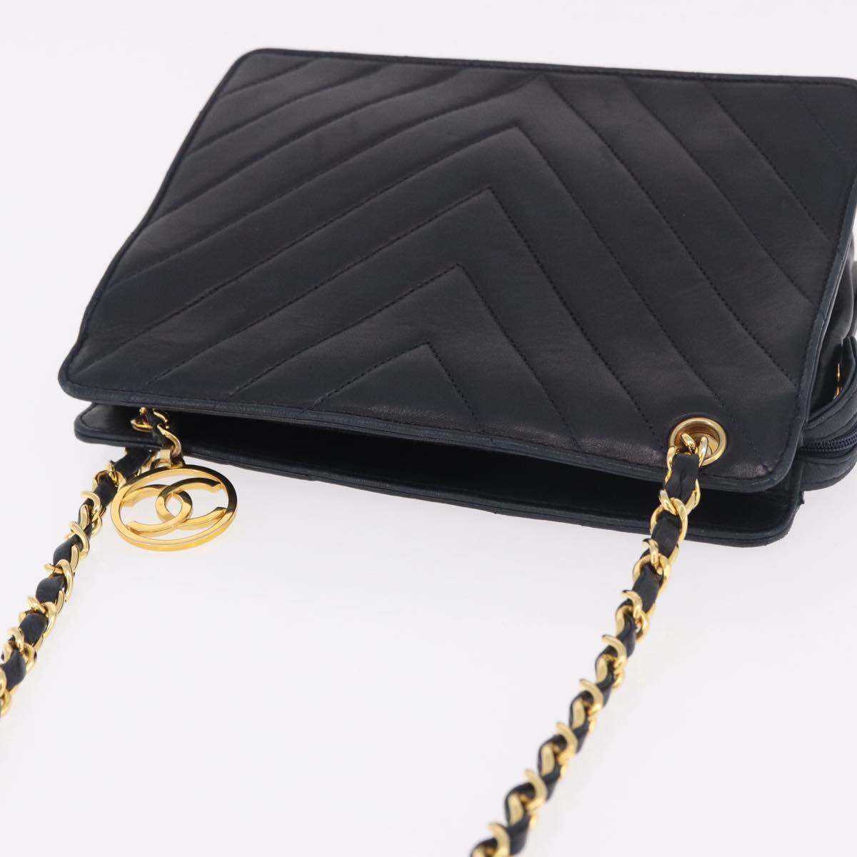 CHANEL V Stitch Chain Shoulder Bag Lamb Skin Navy Gold CC Auth 185203V