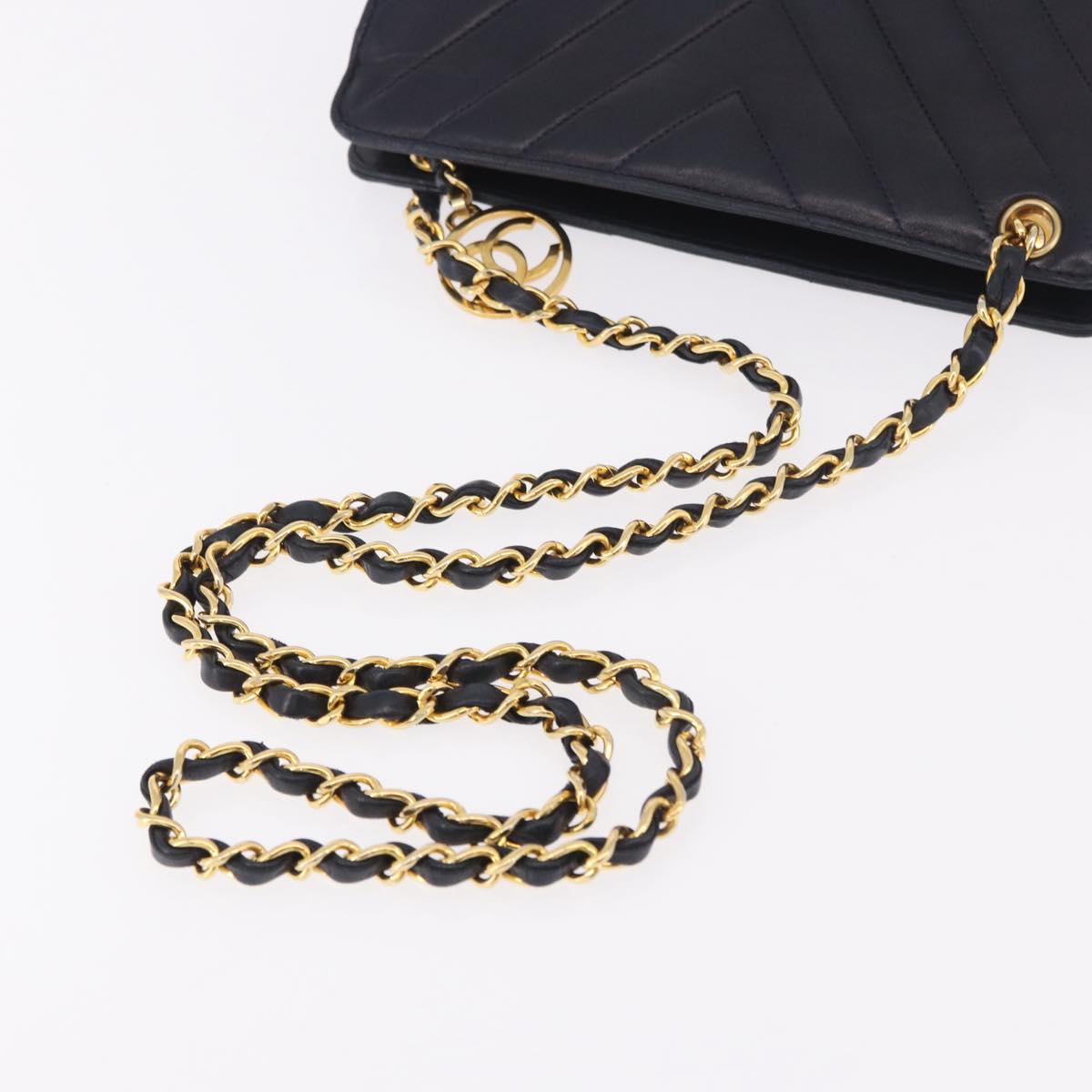CHANEL V Stitch Chain Shoulder Bag Lamb Skin Navy Gold CC Auth 185203V