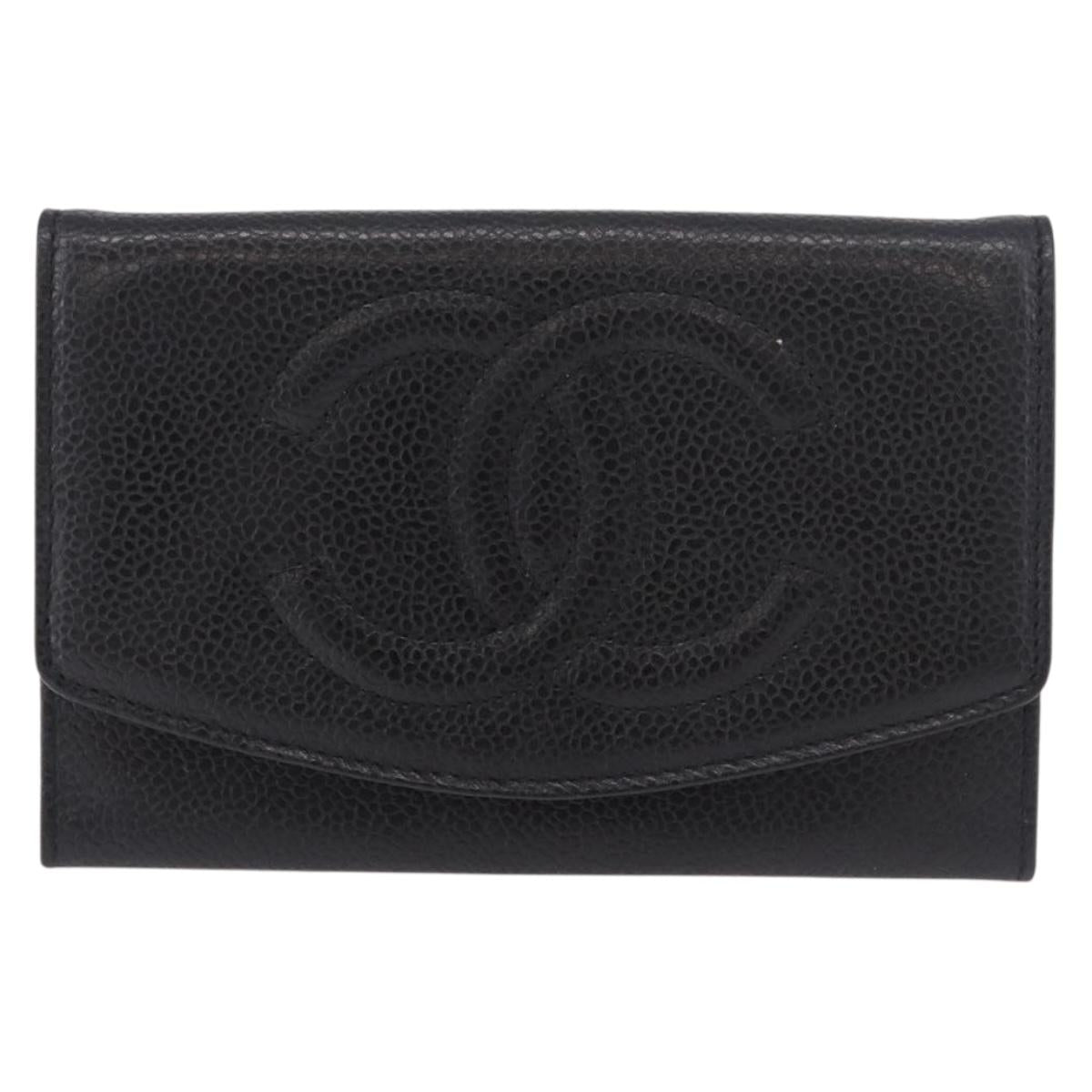 CHANEL COCO Mark Pouch Caviar Skin Black Gold CC Auth 185262V