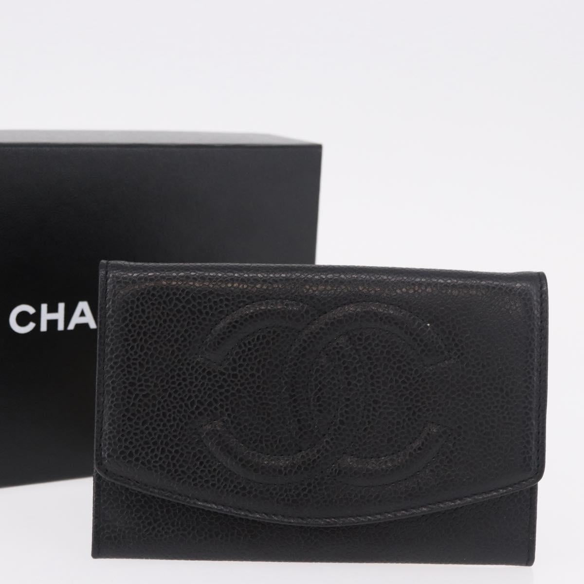 CHANEL COCO Mark Pouch Caviar Skin Black Gold CC Auth 185262V