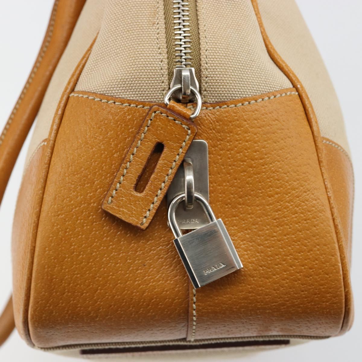 PRADA Hand Bag Canvas Beige Silver Auth 185265