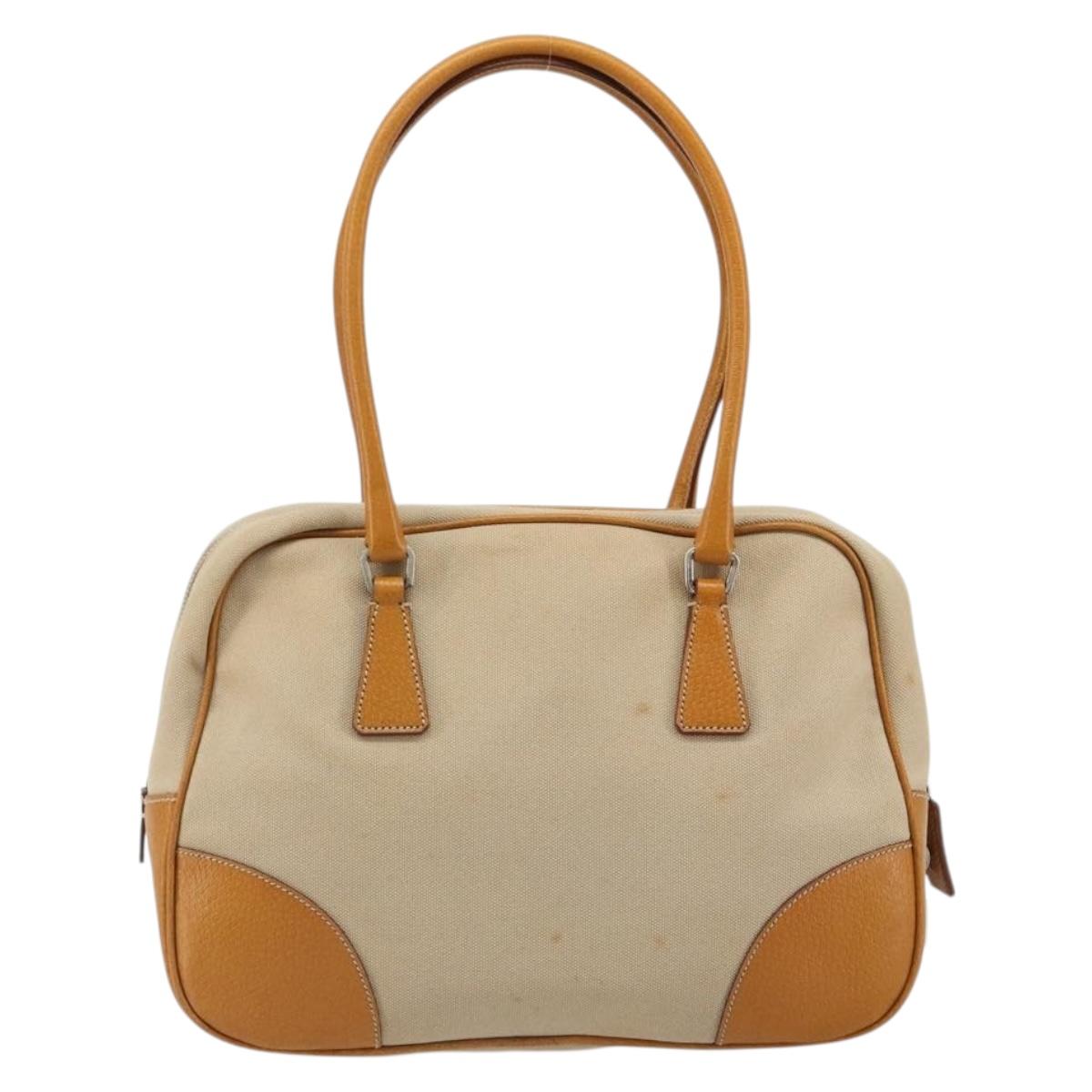 PRADA Hand Bag Canvas Beige Silver Auth 185265