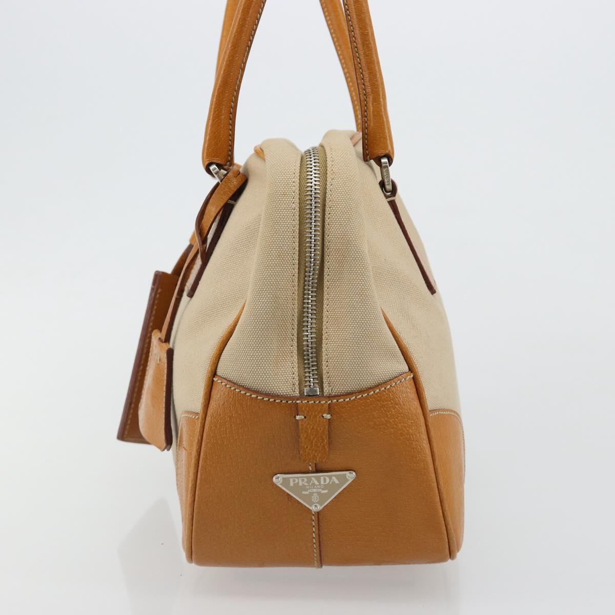 PRADA Hand Bag Canvas Beige Silver Auth 185265