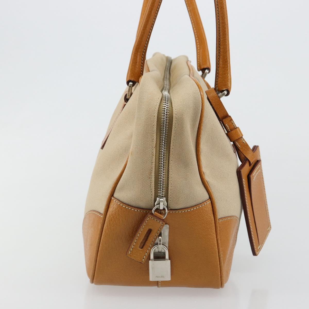 PRADA Hand Bag Canvas Beige Silver Auth 185265