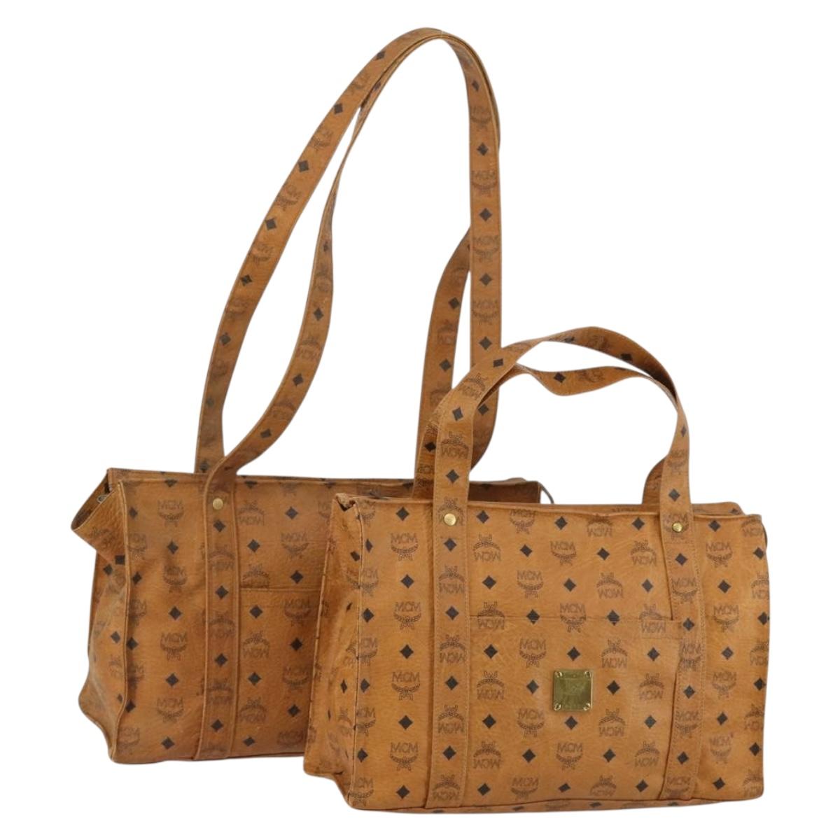 MCM Vicetos Logogram Tote Bag PVC Leather 2 Set Brown Gold Auth 185266