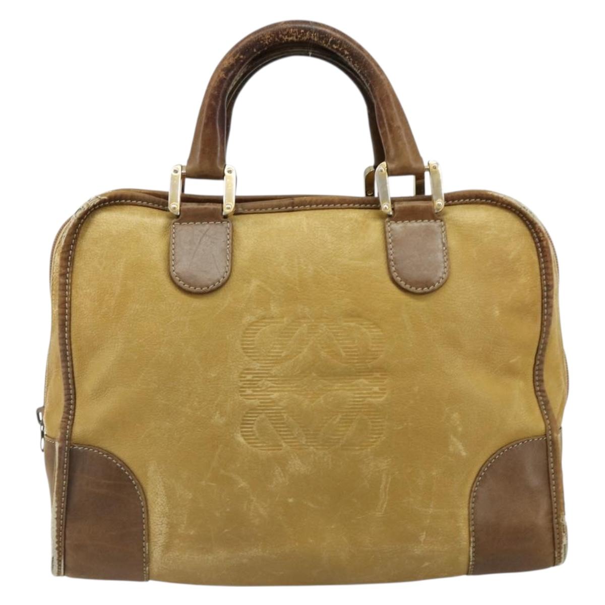 LOEWE Anagram Amazonas Hand Bag Leather Beige Gold Auth 185279