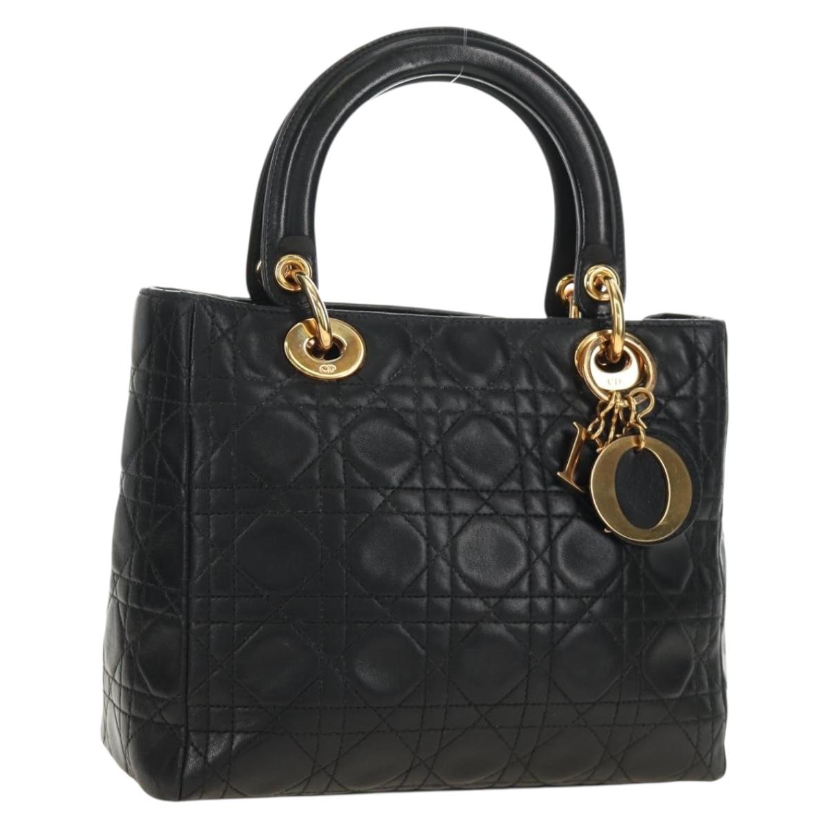 Christian Dior Canage Lady Dior Hand Bag Lamb Skin Black Gold Auth 185302M